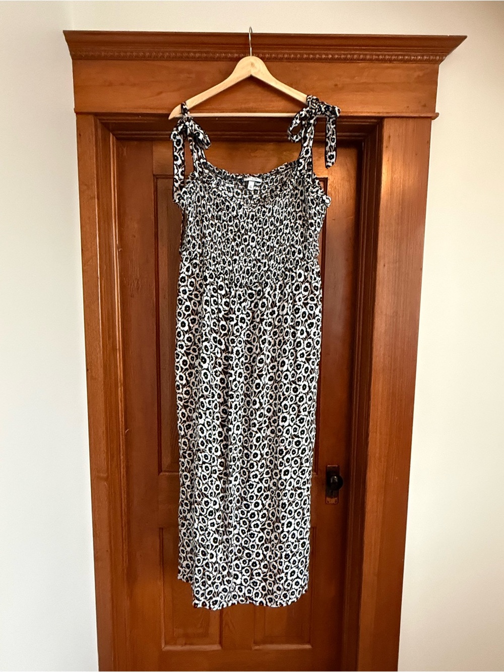Tie-Shoulder Black & White Floral Midi Dress